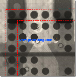 BGA錫球尺寸小于0.4mm，采用降低BGA內(nèi)圍襲球的錫膏量所得到X-Ray，稍微留意一下可以發(fā)現(xiàn)最外圈的錫量(圓的直徑)比其他內(nèi)圍的錫球上的錫量來得多一點點。也就是外圈的黑色圓形直徑比內(nèi)圈的圓形來得大一點點。