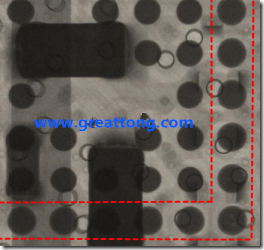 BGA錫球尺寸小于0.4mm，采用降低BGA內(nèi)圍襲球的錫膏量所得到X-Ray，稍微留意一下可以發(fā)現(xiàn)最外圈的錫量(圓的直徑)比其他內(nèi)圍的錫球上的錫量來得多一點點。也就是外圈的黑色圓形直徑比內(nèi)圈的圓形來得大一點點。