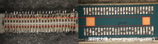 把板對板連接器與其電路板的佈線焊墊作一個比較，端子的切斷面有毛邊的地方剛好對到了裸銅區(qū)。