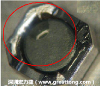 使用錫(Sn)鍍層的電源電感器(Power Inductors)，經(jīng)過推力測試后，其焊點還保留在零件的端點上，所以推力比較高。