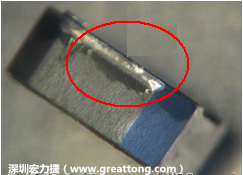 使用錫(Sn)鍍層的電源電感器(Power Inductors)，經(jīng)過推力測試后，其焊點還保留在零件的端點上，所以推力比較高。