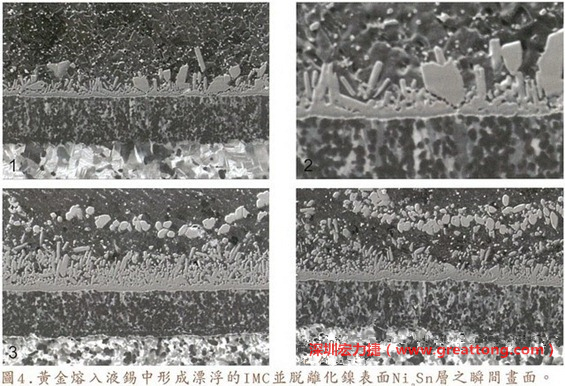 下面四張圖片為放大4500倍的SEM圖像，說明在回流焊爐熱量不足的情況下，黃金成份正要從鎳層分離融入焊錫之中的瞬間，當(dāng)零件遭受外力沖擊的時(shí)候就極有可能從這一整排AuSn、、AuSn2或AuSn4的IMC處裂開。
