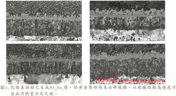 下面四圖顯示，當(dāng)焊接的熱量不足或未持續(xù)時(shí)，雖然Ni3Sn4的薄薄IMC層已經(jīng)生成而焊牢，但也會(huì)因?yàn)锳uSn及AuSn2還未來得及逸走，而停留在共金介面附近，當(dāng)有外力拉扯的時(shí)候，就很容易斷裂開來。這就是為何ENIG的焊點(diǎn)強(qiáng)度，始終不如銅面焊點(diǎn)(Cu6Sn5)來得更為牢固的主因之一。