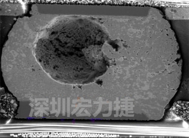 錫球氣泡大到足以影響到焊接的品質(zhì)，下圖是錫球切片后的剖面，可以很明顯看到氣泡已經(jīng)有錫球的 1/3 大了