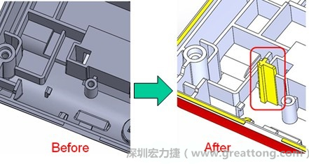 既然知道可能的問題出在電路板變形量過大,于是在電路板上黏貼應(yīng)力計(jì)(Stress Gauge)然后先量測(cè)未改善前的應(yīng)力數(shù)據(jù)。改善方法是在BGA的附近新增機(jī)溝肋柱(rib)來頂住電路板以降低電路板在落下時(shí)的變形量。