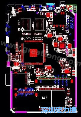 上圖是一個開發(fā)板的PCB，從布局中可以看出各個接口電路分離很明確，SDRAM和DDR以及SD卡接口電路等走線不會造成相互的干擾。-深圳宏力捷