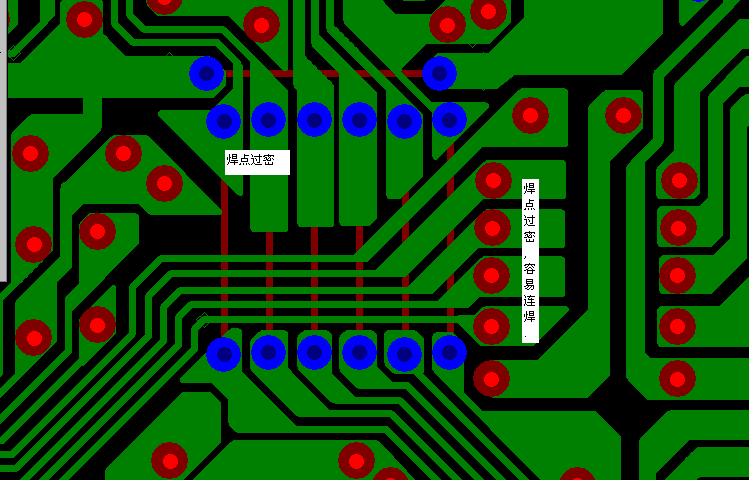 PCB設(shè)計(jì)焊點(diǎn)過(guò)密，易造成波峰連焊，焊點(diǎn)間漏電