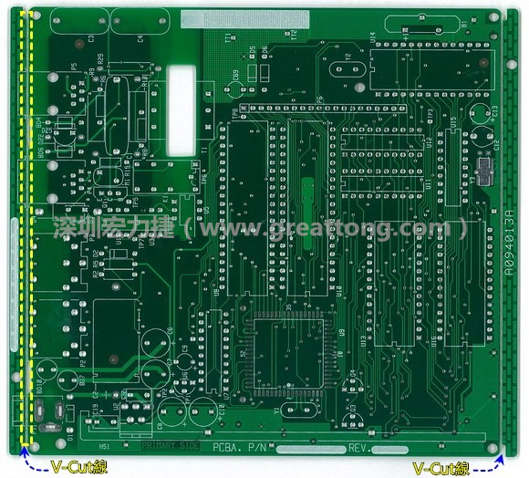 所謂【V-cut】是印刷電路板(PCB)廠商依據(jù)客戶的圖紙要求,事先在PCB的特定位置用轉(zhuǎn)盤刀具切割好的一條條分割線,其目的是為了方便后續(xù)SMT電路板組裝完成后的「分板(De-panel)」之用,因為其切割后的外型看起來就像個英文的【V】字型,因此得名。