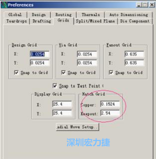  改銅皮的填充網(wǎng)格Global→Design Units，填充方向Drafting→Direction；Hatch Grid中Copper此數(shù)值為大銅箔中所填充的線條中心到中心的距離。
