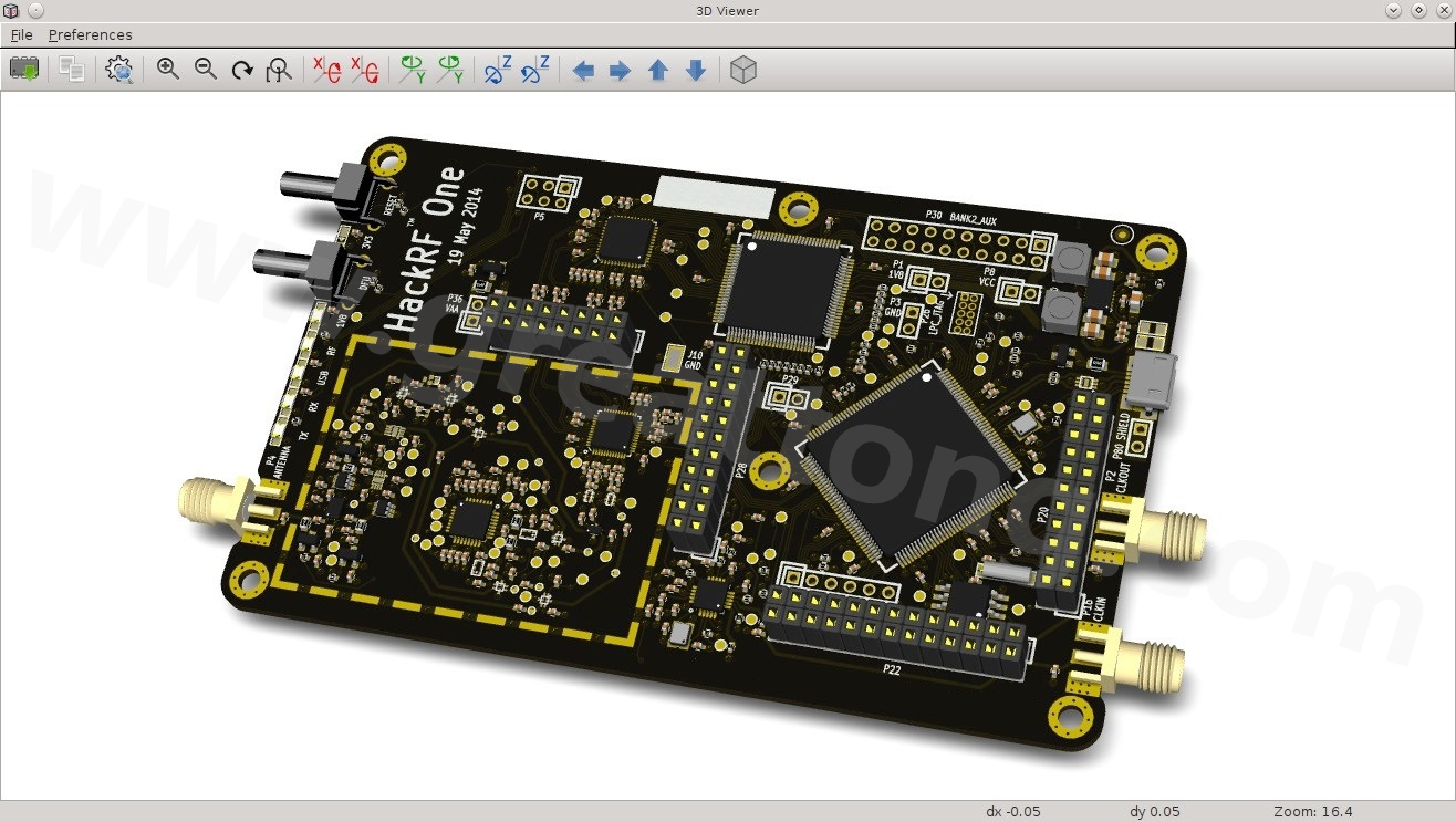 經(jīng)KiCad軟體3D功能渲染過的HackRF One電路板。