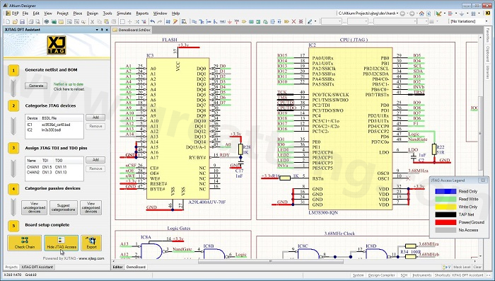 XJTAG DFT Assistant的Access Viewer模式可以清楚地顯示可用的測試存取層級，讓電路板設計人員在展開PCB布局以前的原理圖擷取階段盡可能地提高測試存取能力