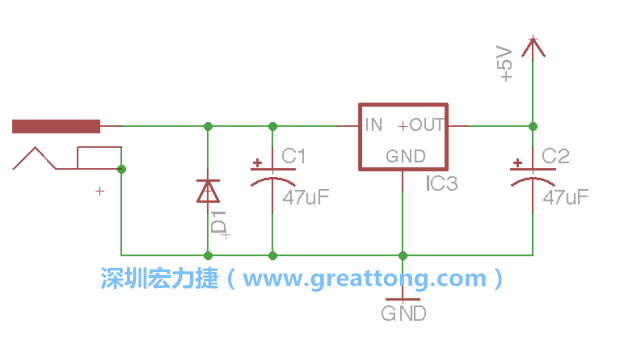 新增RBBB→Power_Jack，將它放在電壓調(diào)整器的輸入端旁邊。