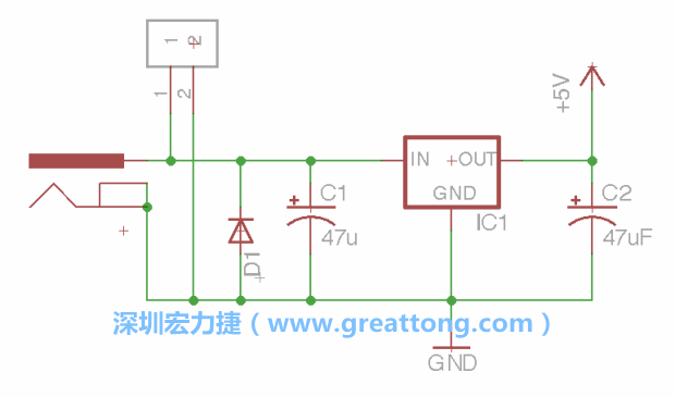 2.5.    新增一個二極體，它會以水平的狀態(tài)出現(xiàn)在屏幕上，請使用「旋轉(zhuǎn)（Rotate）」工具把它負(fù)極那一面朝上，并且用「網(wǎng)絡(luò)連接」工具將它連接在電壓調(diào)整器的輸入端和接地端之間。