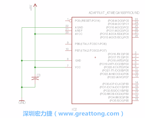 3.1.    新增微控制器晶片（RBBB → ATmega），把它放在電路原理圖的中央附近，把它的兩個接地接頭連接到接地訊號端。
