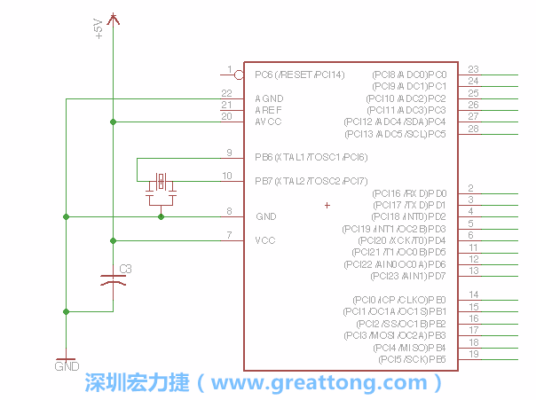 3.2.    在靠近ATmega的電源供應(yīng)針腳7的位置放置一個0.1μF的電容，將它分別連接電源、接地端和針腳7。
