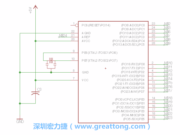 3.3.    將共鳴器（resonator）放置在針腳9和針腳10附近，將它的三個針腳連接如圖所示，并確認(rèn)最中間的針腳有連到接地端。