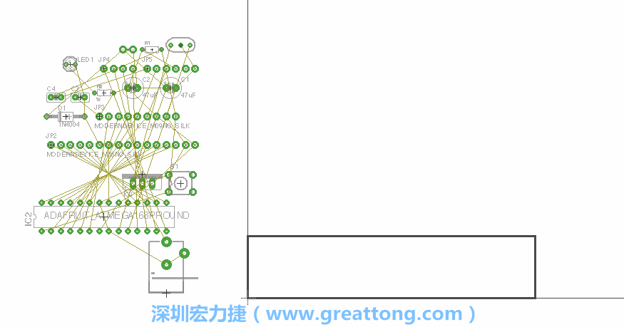 第一次執(zhí)行布線編輯器時(shí)，你會發(fā)現(xiàn)有兩個(gè)區(qū)塊，左邊的區(qū)塊非常混亂，而右邊的區(qū)塊則是一個(gè)長方形的工作區(qū)域，EAGLE免費(fèi)版會限制你的工作區(qū)域在4” x 3.2”的范圍內(nèi)，如果你試圖將元件擺放在工作區(qū)外的話，就會跳出警示訊息。