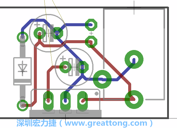 接地連結(jié)點(diǎn)的布線情形如下圖所示，利用這個(gè)練習(xí)來避免電路連線銳角化的產(chǎn)生是一個(gè)不錯(cuò)的選擇，你可以在工具列中的彎曲線路（Wire Bend）選項(xiàng)里改變各種布線的變化。