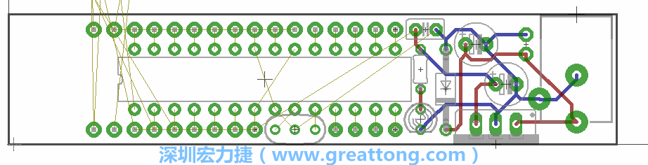 將ATmega微控制器、三個(gè)GPIO排針（JP2, JP3, JP4）和諧振器（resonator）排置如上圖所示。