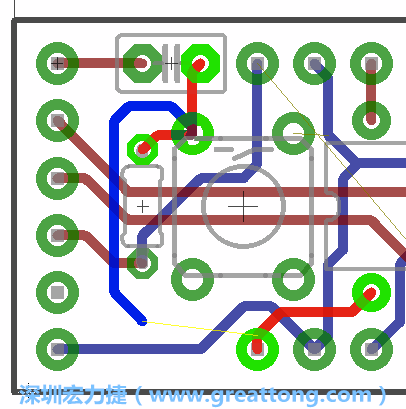 要在電路板正面進(jìn)行+5V信號線連結(jié)和其他連結(jié)點(diǎn)的布線工作是非常容易的，而重置信號線（信號線用來連結(jié)電路板正面左邊的重置開關(guān)）需要經(jīng)過一個(gè)可以通過電路板正反兩面的電路通道，這個(gè)通道是一個(gè)可以讓電路板正反兩面線路連接的一個(gè)小孔。