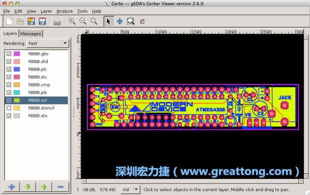 將圖層匯入你的Gerber預(yù)覽工具內(nèi)（下圖為Gerbv），我通常會(huì)從上到下重新排列它們的順序，好讓我比較好校對(duì)：