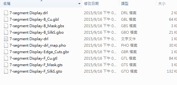 所謂Gerber檔，其實(shí)是包含一群檔案 (如下圖所示)，如包含正反面銅箔層 F.Cu B.Cu.，正反面文字面 F.Silkscreen ，B.Silkscreen，防焊層 SolderMask、板邊裁切Edge.Cuts 等。