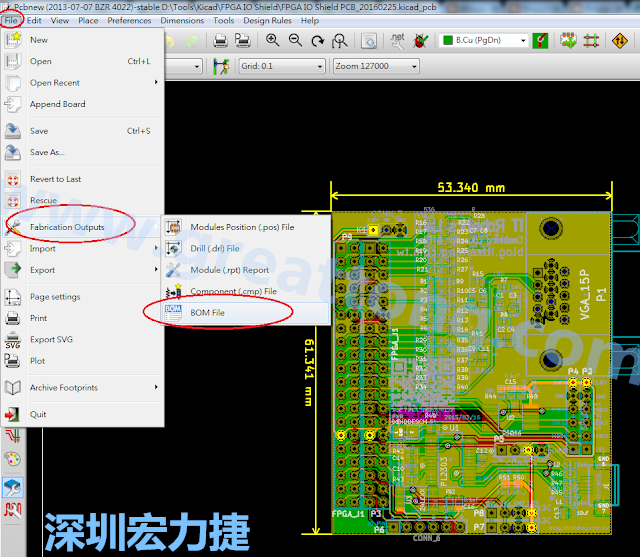 在Kicad的PCB Editor, 點(diǎn)選 File->Fabrication Outputs->BOM File, 即可產(chǎn)生一個(gè) .csv 的Excel 檔案。