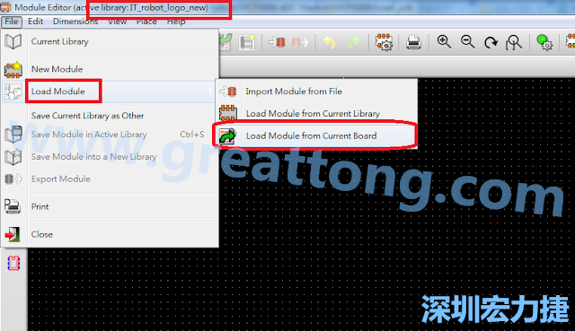 進入Module Editor去載入其他Footprint(Module)進來， 從目前的Active library (不過要先選取一個Current library ) 載入Module 或從目前正在編輯的PCB載入Module。